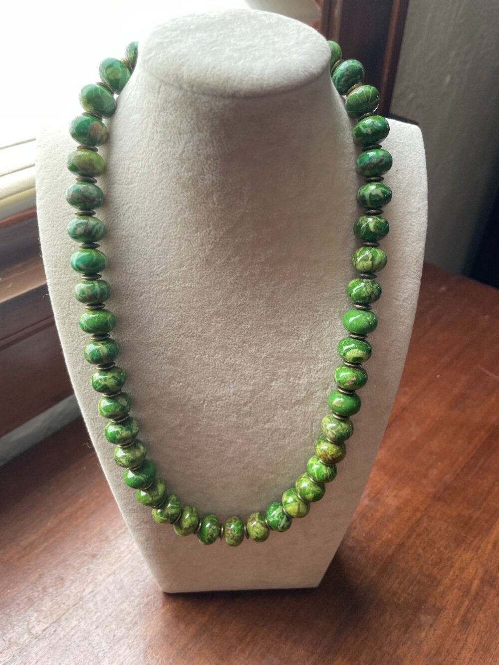 Vintage Green Stone Necklace 22” Chunky Beads Statement Gold Tone Accents